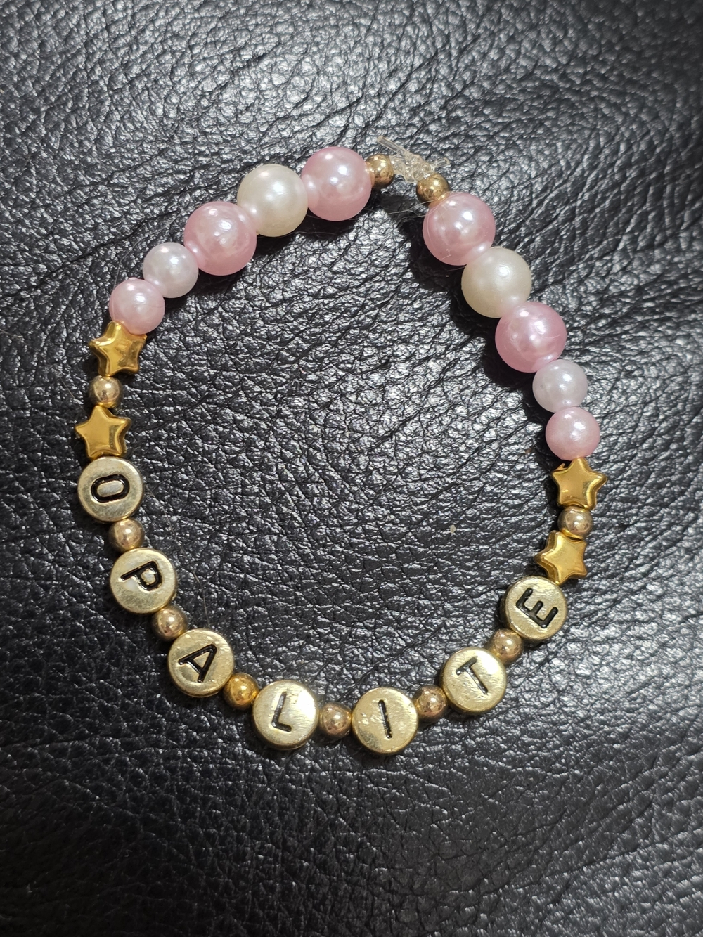 Opalite Letter & Pink Pearl Bead Bracelet with Gold Stars